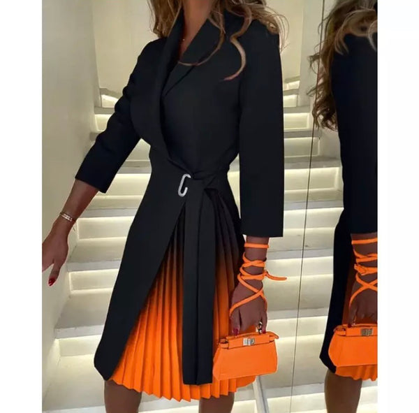 Women Fashion Full Sleeve Color Patchwork Pleated Blazer Dress