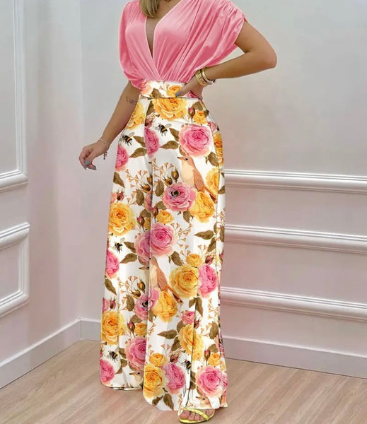 Women Short Sleeve Two Piece Printed Wide Leg Pant Set