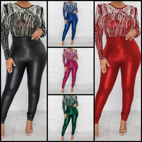 Women Sexy Full Sleeve Rhinestone Beaded Mesh Patchwork Jumpsuit