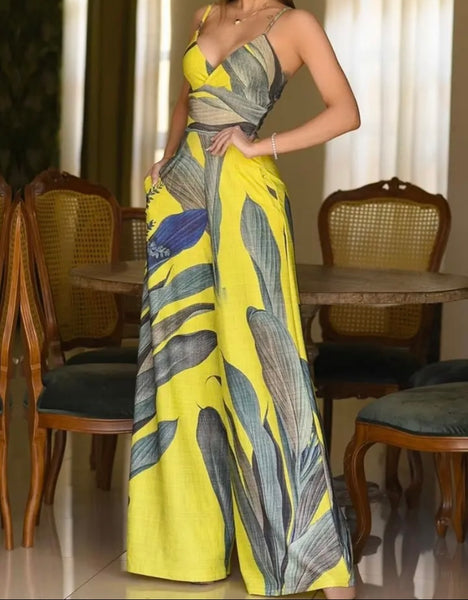 Women Yellow Printed Sleeveless Wide Leg Jumpsuit