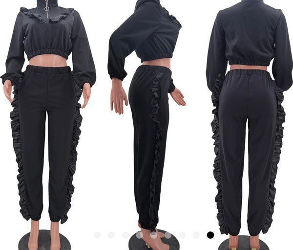 Women Zip Up Ruffled Two Piece Pant Set