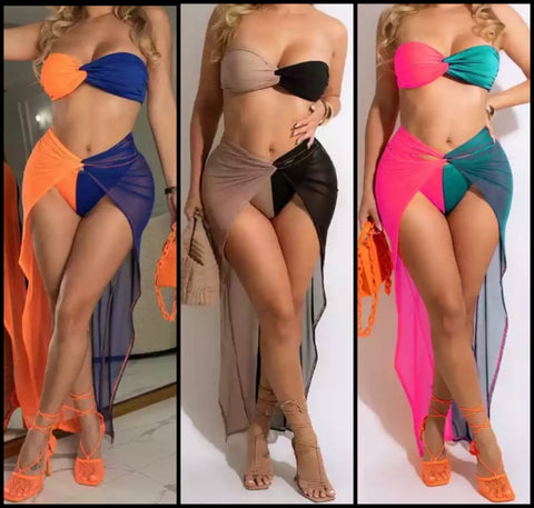 Women Sexy Strapless Color Patchwork Bikini Cover Up Set