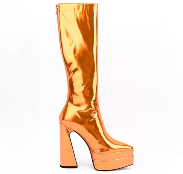 Women Pointed Toe Fashion Platform PU Knee High Boots