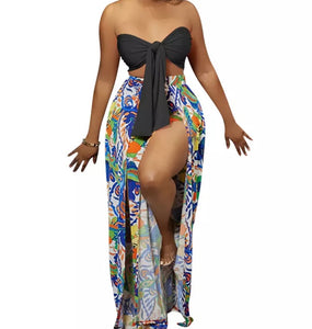 Women Sexy Strapless Tie Up Crop Two Piece High Split Pant Set