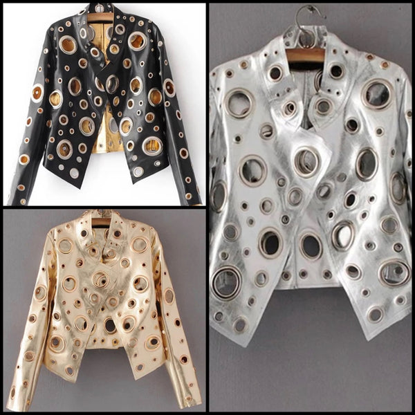 Women Leather Fashion Metallic Hollow Out Jacket