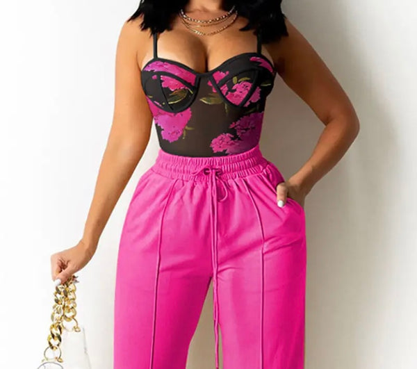 Women Sexy Printed Mesh Two Piece Drawstring Pant Set