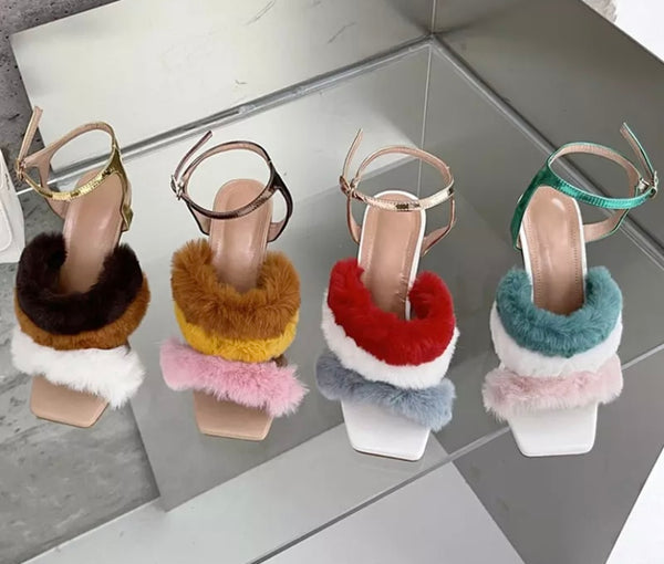 Women Fashion Colorful Faux Fur Clear Heel Sandals