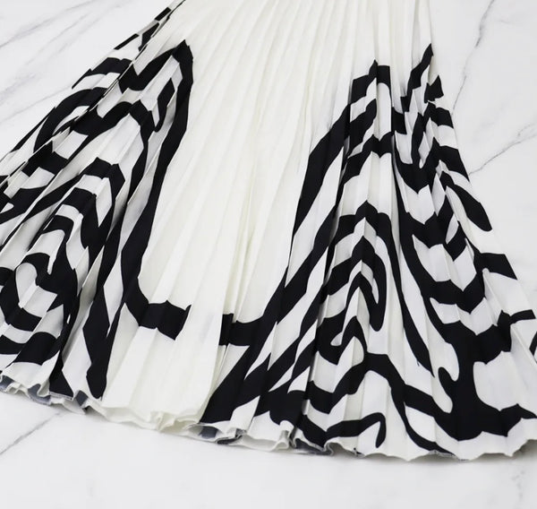 Women B&W Printed Button Up Full Sleeve Two Piece Pleated Maxi Skirt Set