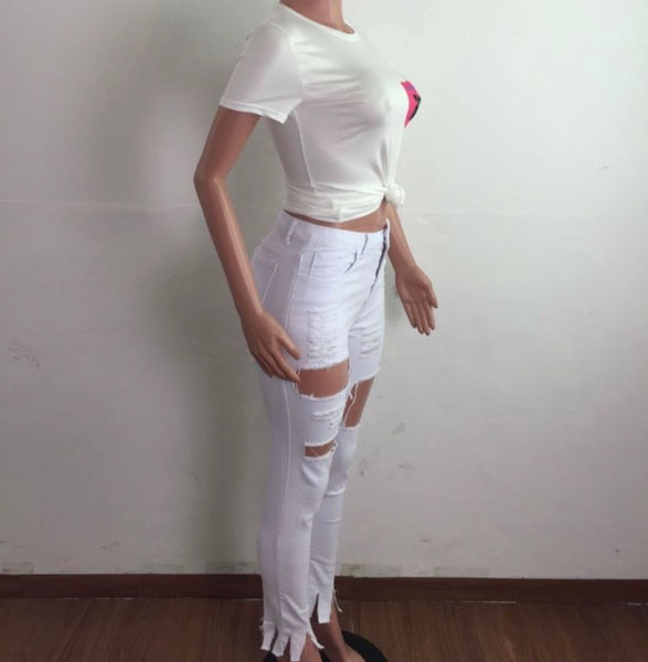 Women White Fashion Ripped Denim Pants