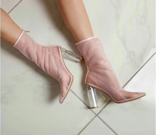 Women Fashion Mesh Transparent Heel Ankle Boots