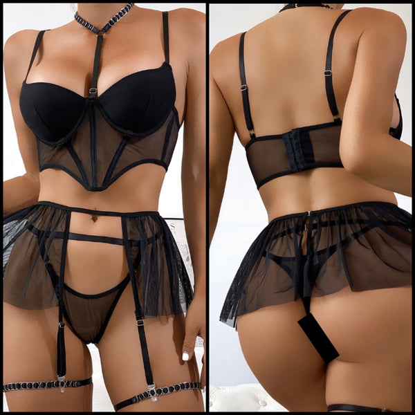 Women Sexy Choker Black Mesh Lingerie Set