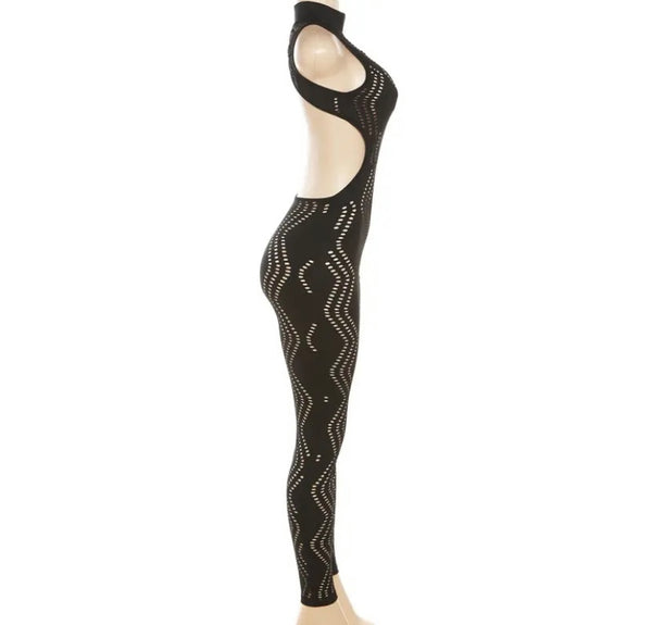 Women Sleeveless Open Back See Through Jumpsuit