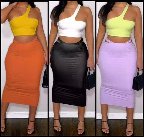Women Sexy One Shoulder Sleeveless Crop Two Piece Maxi Skirt Set