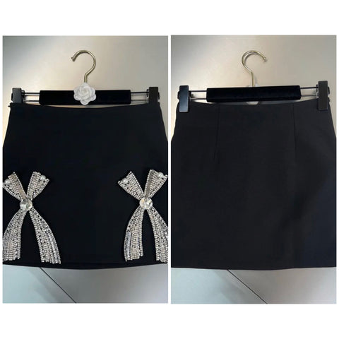 Women Rhinestone Bow Black Sexy Skirt