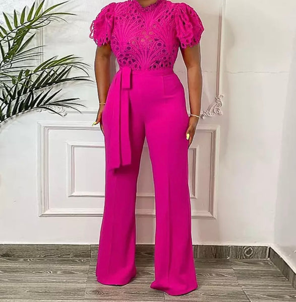 Women Short Sleeve Belted Wide Leg Jumpsuit