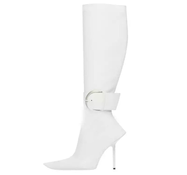 Women Pointed Toe Buckled Strap Knee High Boots