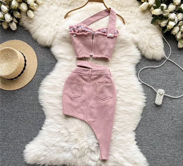 Women Sexy Pink One Shoulder Crop Two Piece Skirt Set