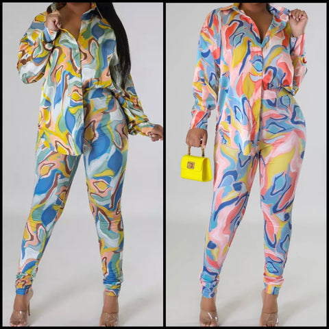 Women Fashion Full Sleeve Multicolored Print Button Up Two Piece Pant Set