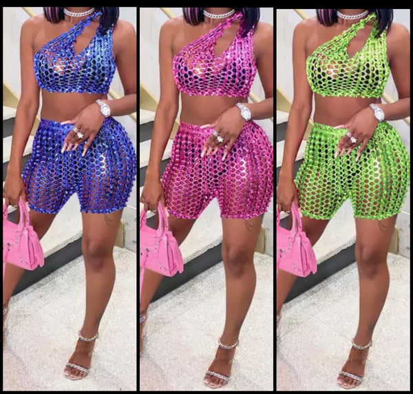 Women Sexy Hollow Out One Shoulder Two Piece Short Set