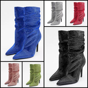 Women Fashion Bling Pointed Toe Ruched Ankle Boots