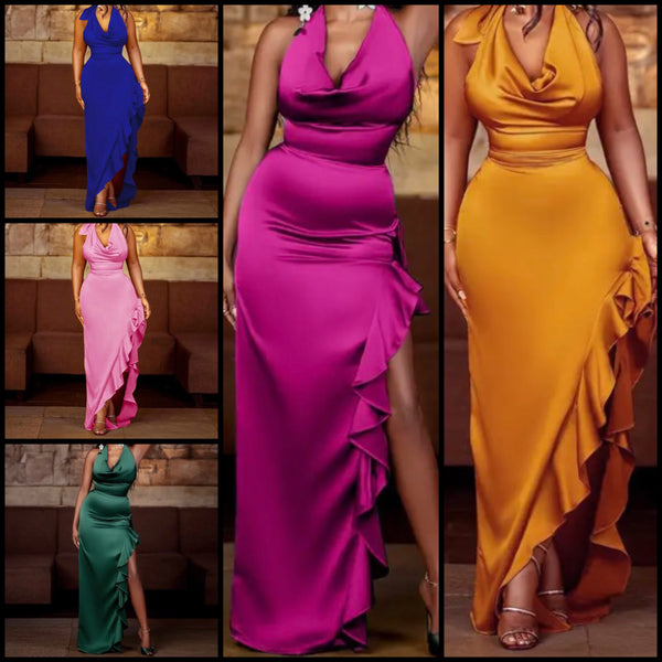 Women Sexy Sleeveless Ruffled Asymmetrical Side Slit Maxi Dress