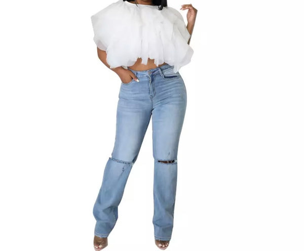 Women Solid Color Ruffled Mesh Crop Top