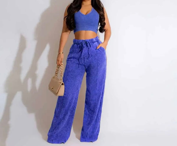 Women Sleeveless Crop Fashion Two Piece Drawstring Pant Set