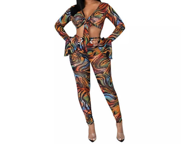 Women Sexy Crop Multicolored Print Two Piece Pant Set