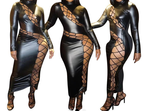 Women Sexy Cut Out Full Sleeve PU Maxi Dress