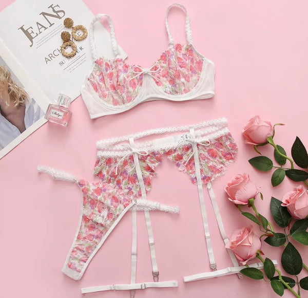 Women Sexy White Colorful Floral Lingerie Set