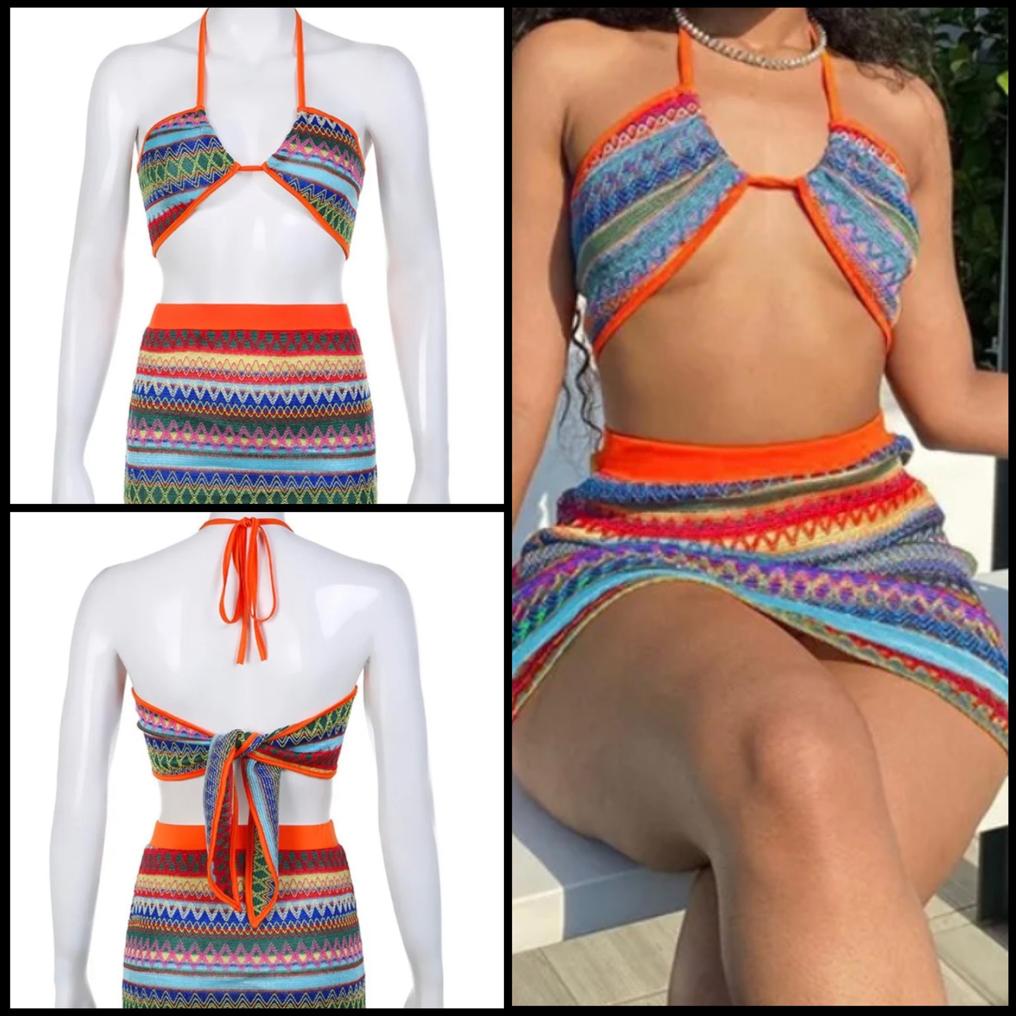 Women Sexy Multicolored Striped Halter Two Piece Skirt Set