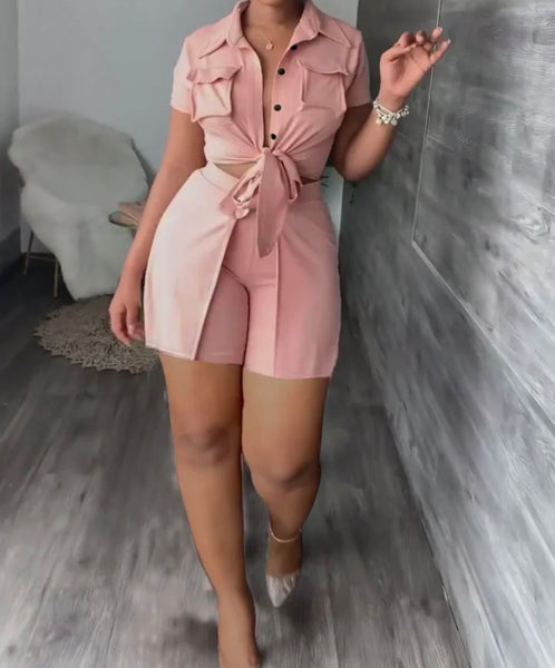 Women Button Up Solid Color Short Sleeve Two Piece Short Set