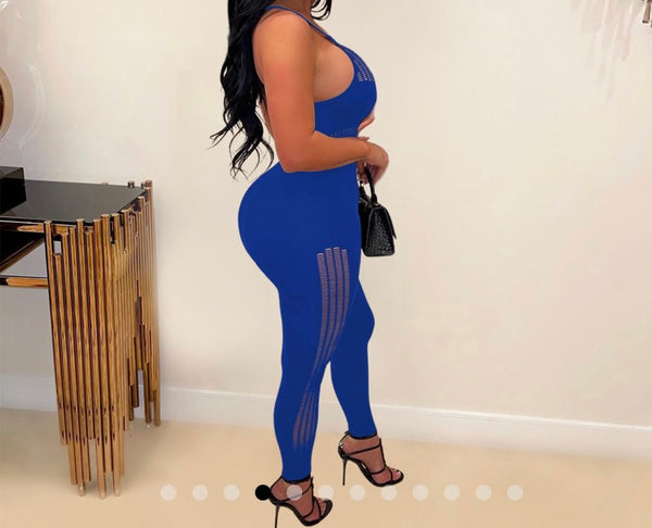 Women Solid Color Sleeveless Mesh Patchwork Sexy Jumpsuit