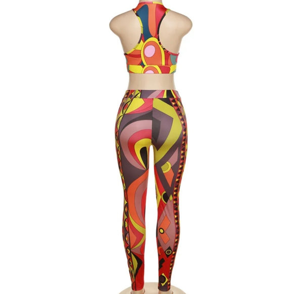 Women Sexy Sleeveless Multicolored Print Crop Two Piece Pant Set