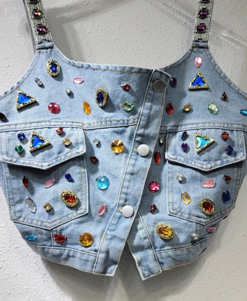 Women Fashion Sleeveless Crystal Button Up Denim Crop Top
