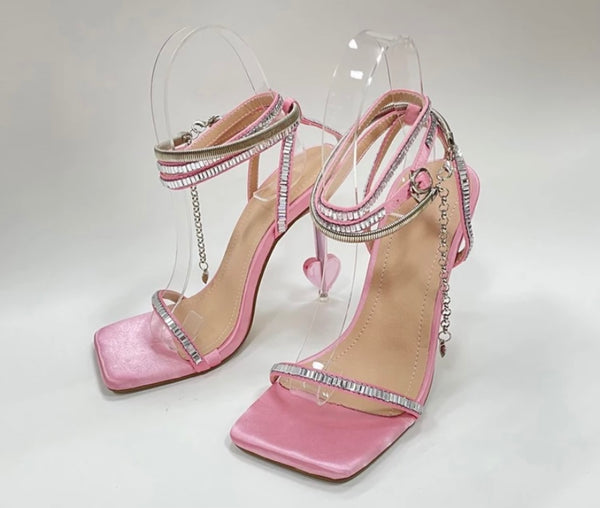 Women Square Toe Chain Fashion Heart High Heel Sandals