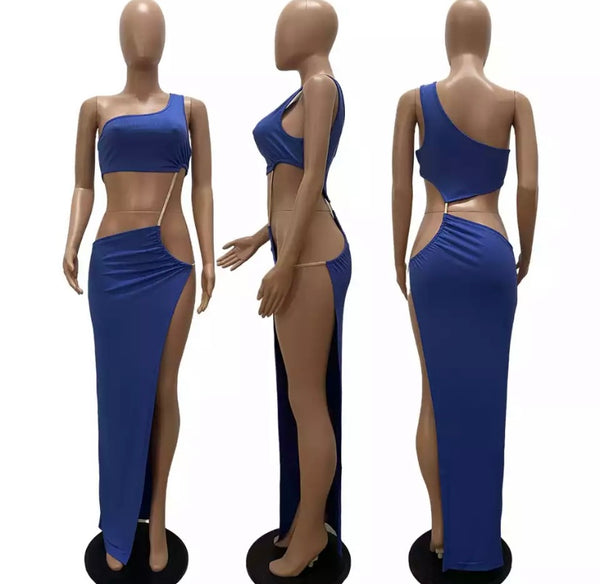 Women Sexy One Shoulder Cut Out High Side Split Maxi Dress