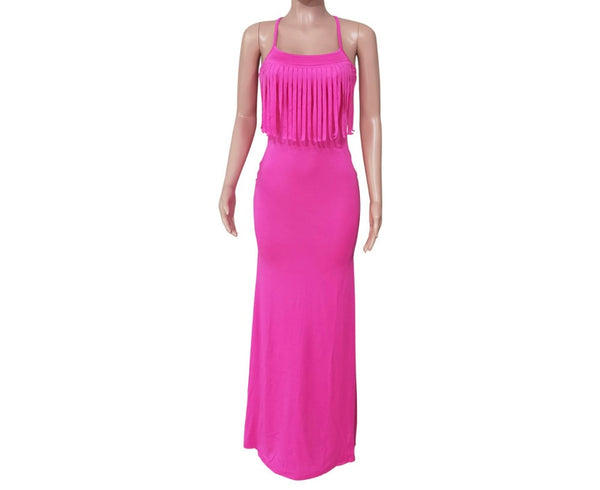 Women Sexy Spaghetti Strap Tassel Solid Color Maxi Dress