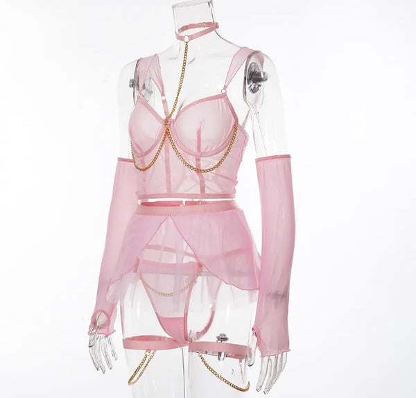 Women Pink Mesh Chain Glove Lingerie Set