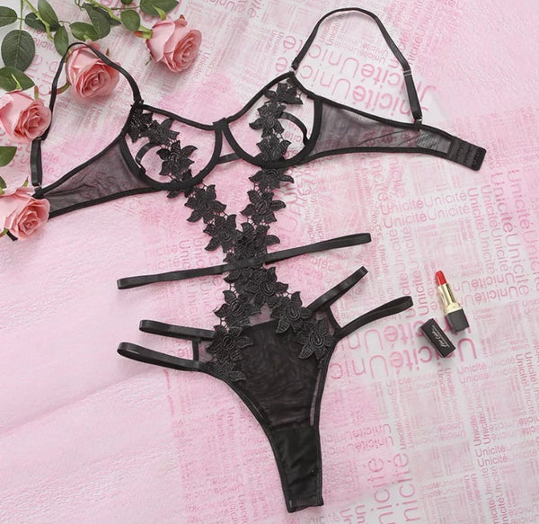 Women Sexy Black Floral Cut Out Mesh Bodysuit Lingerie