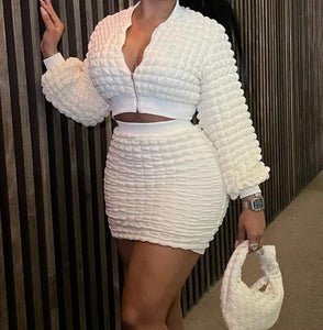 Women White Sexy Zipper Full Sleeve Two Piece Skirt Set