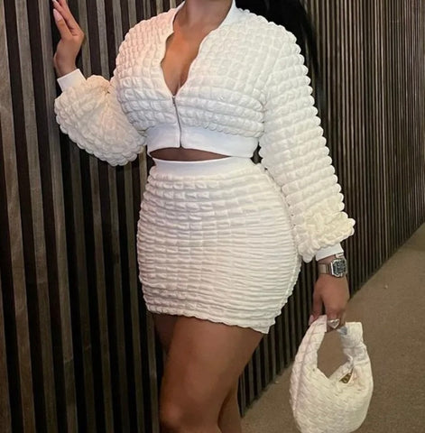 Women White Sexy Zipper Full Sleeve Two Piece Skirt Set