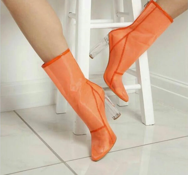 Women Fashion Mesh Transparent Heel Ankle Boots