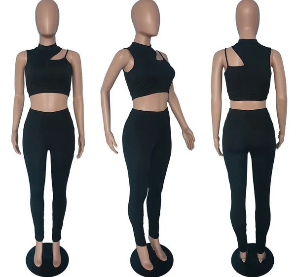 Women Sleeveless Solid Color Crop Two Piece Pant Set