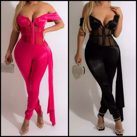 Women Sexy Off The Shoulder Mesh Patchwork Jumpsuit