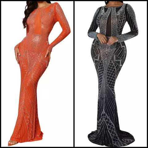 Women Sexy Bling Mesh Long Sleeve Maxi Dress