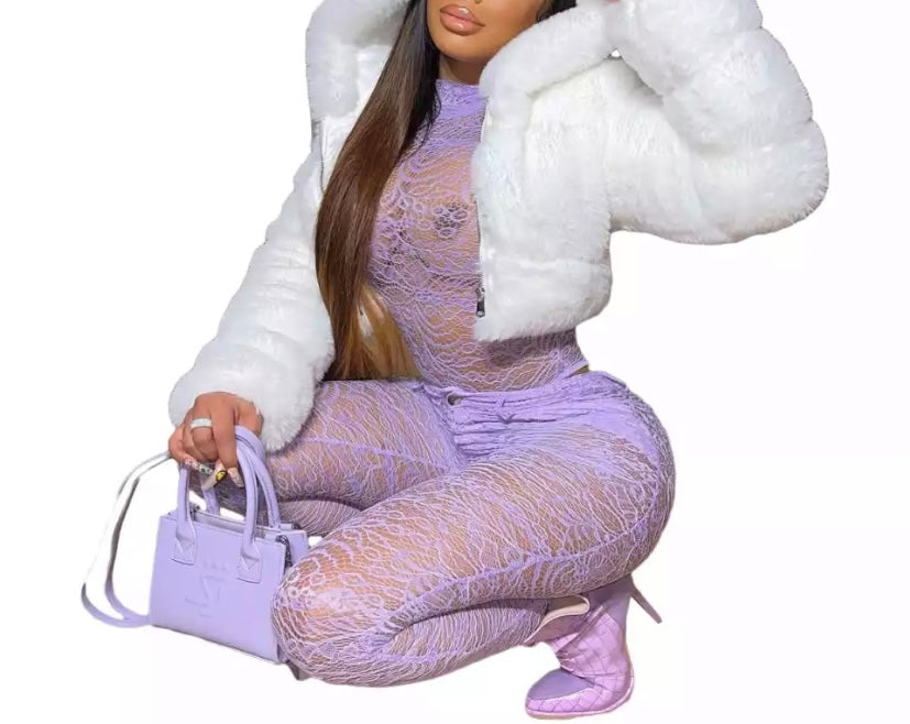Women Fashion Faux Fur Hooded Crop Jacket