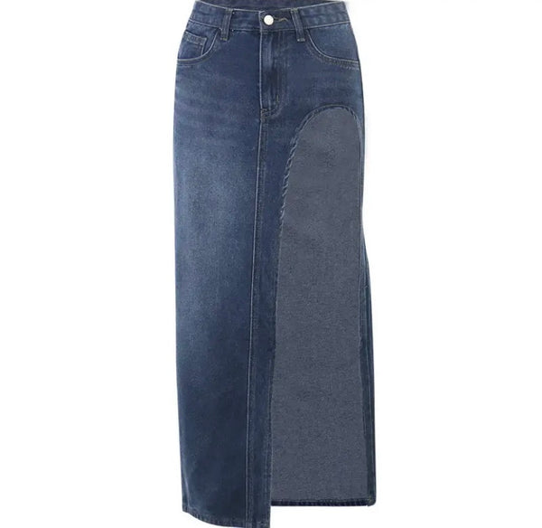 Women Fashion High Side Slit Denim Maxi Skirt