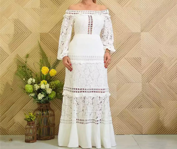 Women White Off The Shoulder Lace Patchwork Maxi Dress