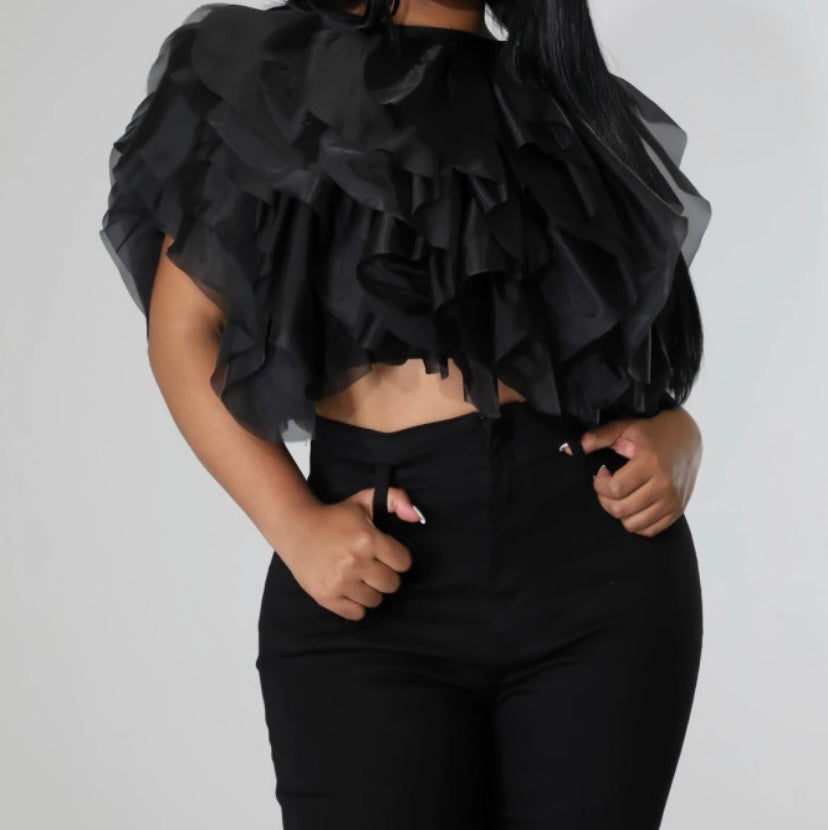 Women Sexy Solid Color Mesh Ruffled Crop Top